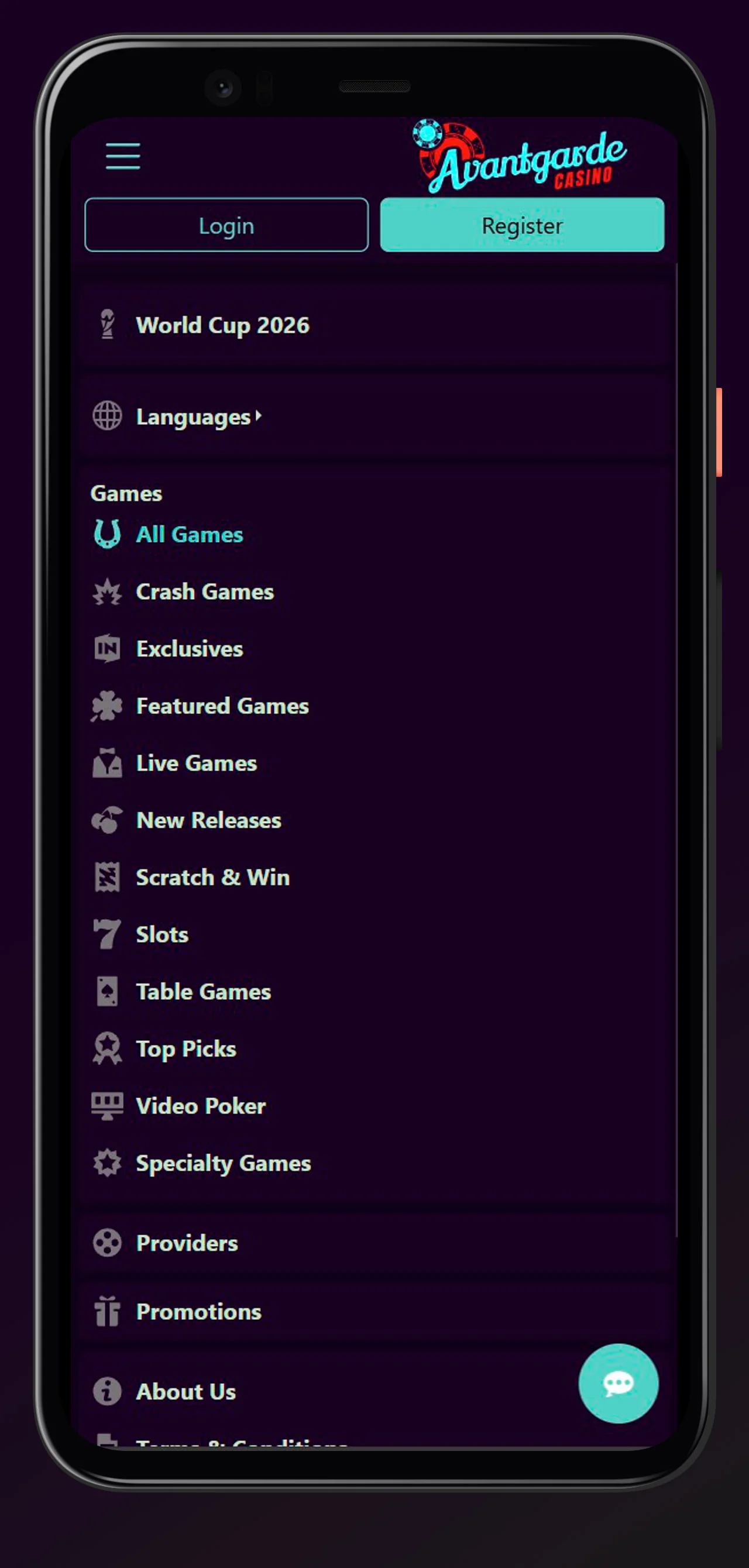 Menü bei App Avantgarde Casino